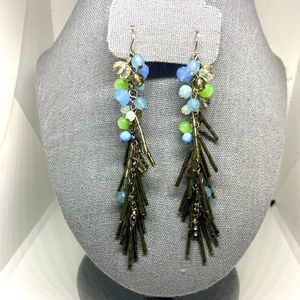 Beautiful Lightweight Silver Blue Green Beaded Statement Earrings